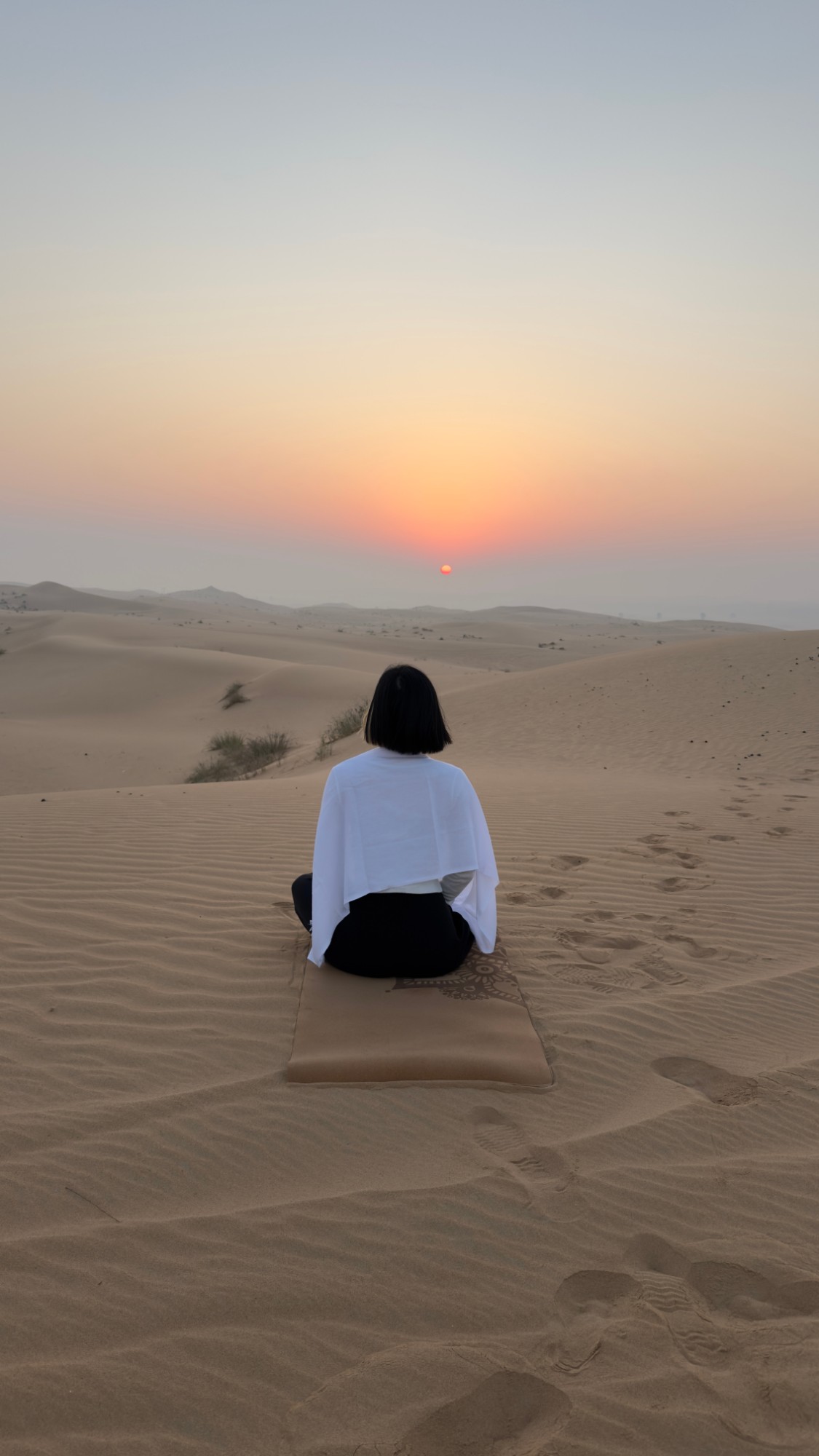 砂丘に座り、地平線の太陽を眺める後ろ姿